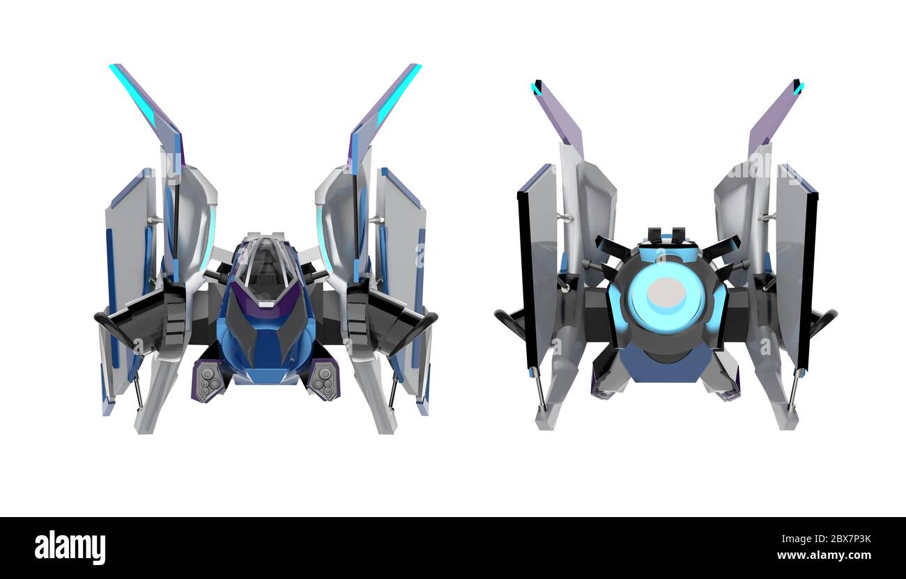 Futurisctic Metall Sci-Fi Raumschiff mit Neon-Streifen und blau lackierte Kapuze hinten und vorne isoliert auf weißem Hintergrund. Stockfoto