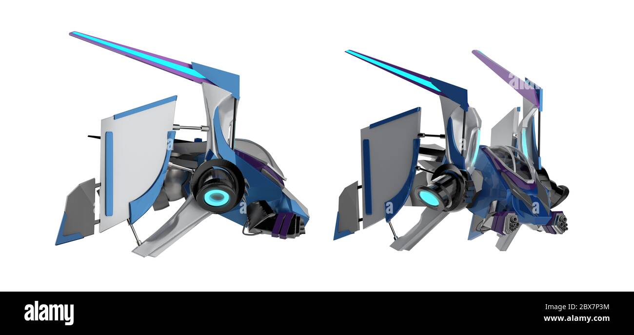 Futurisctic Metall Sci-Fi Raumschiff mit Neon-Streifen und blau lackierte Kapuze Seitenansicht isoliert auf weißem Hintergrund. Stockfoto