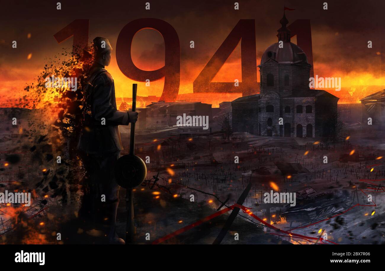 Sowjetischer Soldat mit Maschinengewehr mit auflösender Wirkung Illustration stehen. Stockfoto