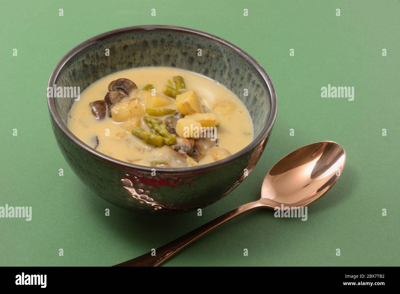 Hühnersuppe in grüner Schüssel mit gehackten Kartoffeln und Spargel und Pilz mit Kupferlöffel auf grünem Hintergrund Stockfoto