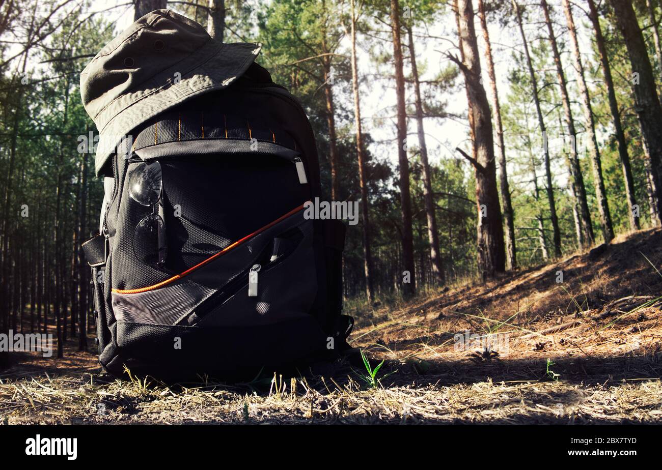 Rucksack mit Hut, Brille und Taschenlampe auf Waldboden mit Tageslicht Wald Hintergrund. Stockfoto