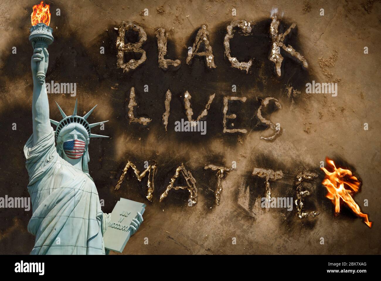 Black Lives Matter Protest USA Konzept, Freiheitsstatue mit medizinischer Maske Menschenrechte Protest Botschaft Hintergrund, Freiheit und Gerechtigkeit Konzept Stockfoto