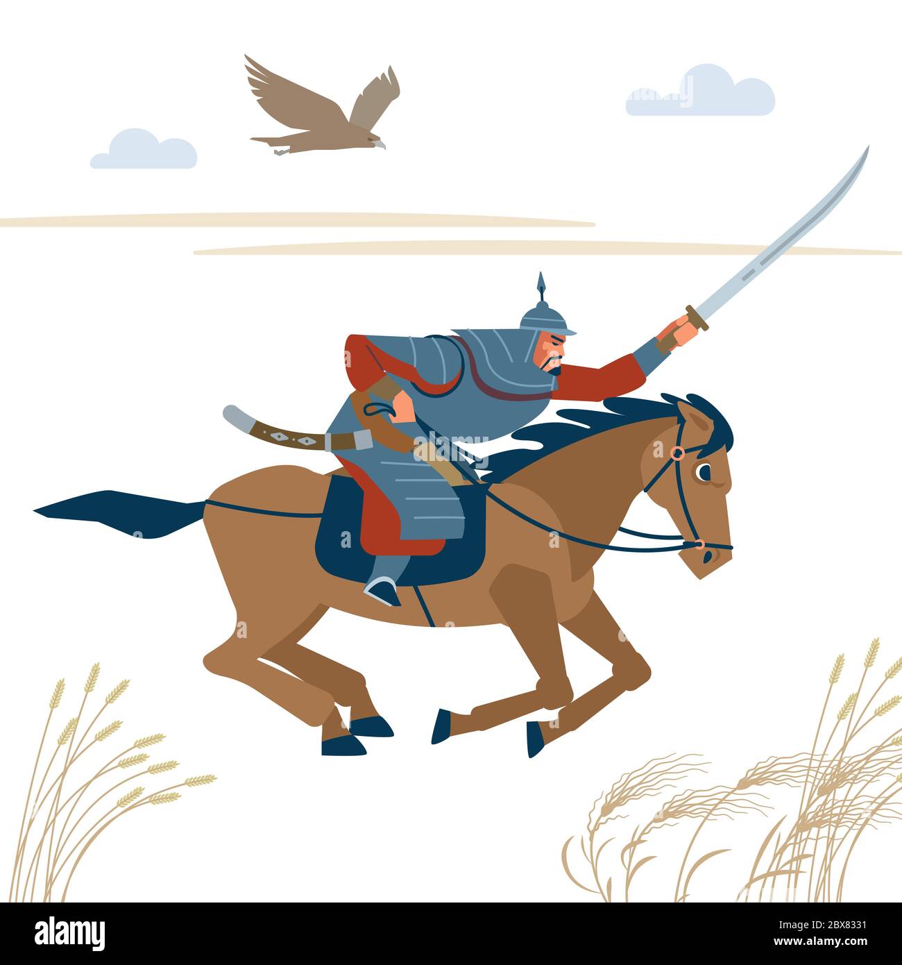 Zentralasiatischer Krieger Reiter, Angriff im Kampf. Isolierte Vektor-Illustration in flachem Cartoon-Stil Stock Vektor