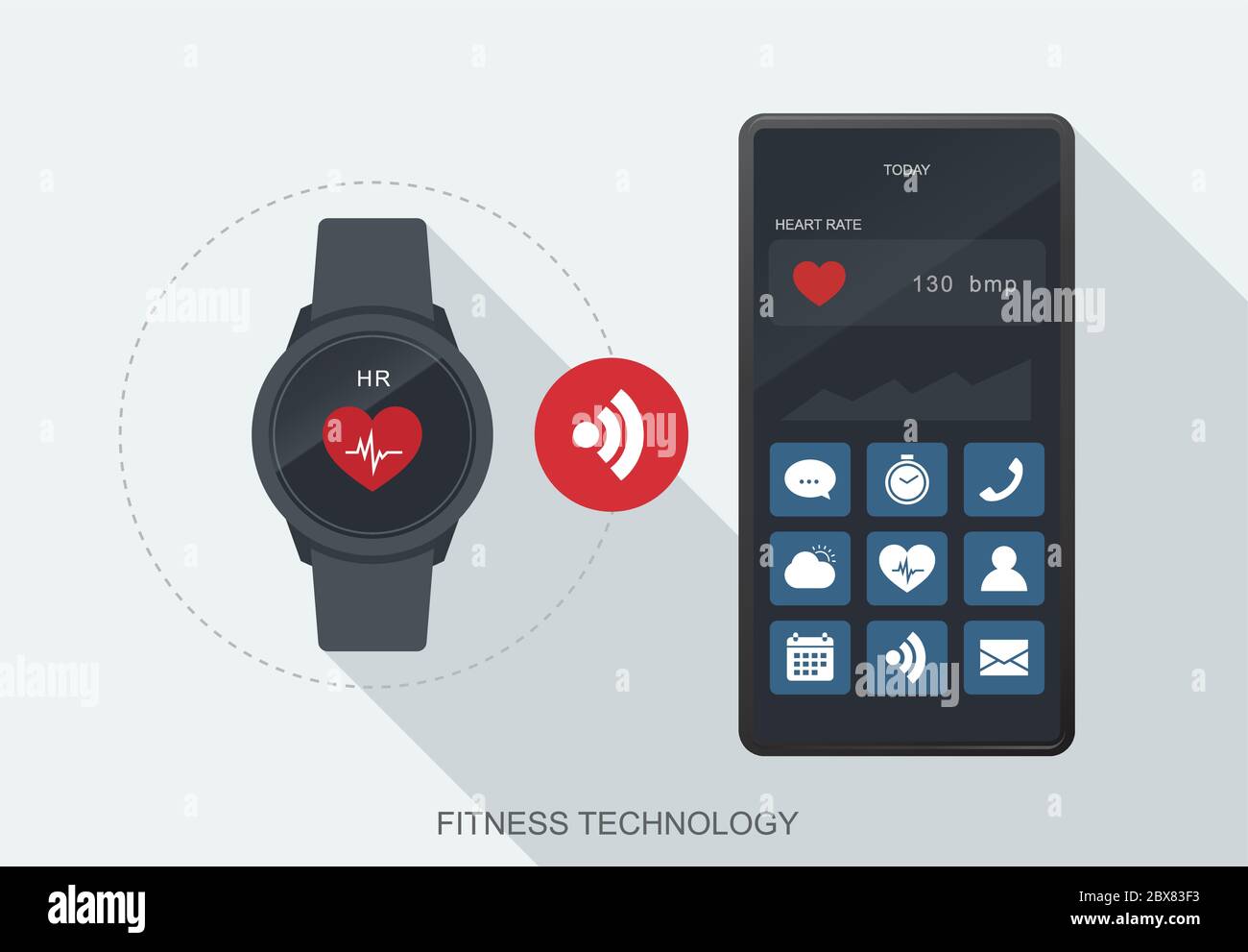 Fitness-Technologie Mobile Daten synchronisieren zwischen Smartwatch und Smartphone. Stock Vektor