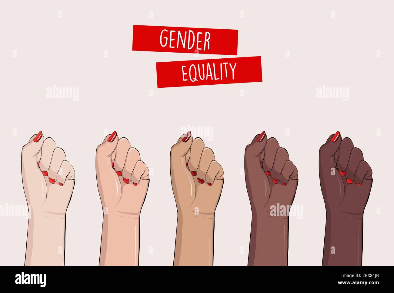Frauenhände geballte Fäuste, feministischer Protest, unterstützen Mädchen. Weibliche Macht Vielfalt, hob Faust starke Mädchen Konzept internationale Frau Tag. Anti-rac Stock Vektor