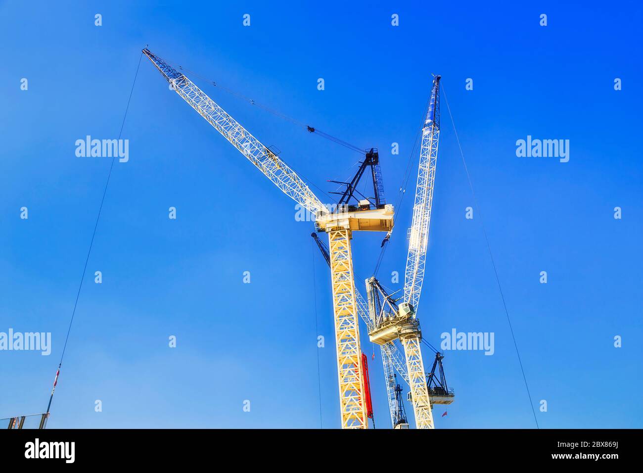 Baukräne auf der Baustelle in australischen Entwicklungsprojekt gegen blauen Himmel. Stockfoto