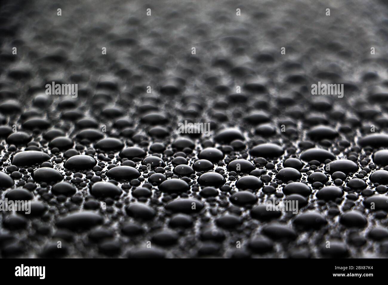 Nahaufnahme von Tausenden von Perlen Wassertropfen auf Auto-Fahrzeug Stockfoto