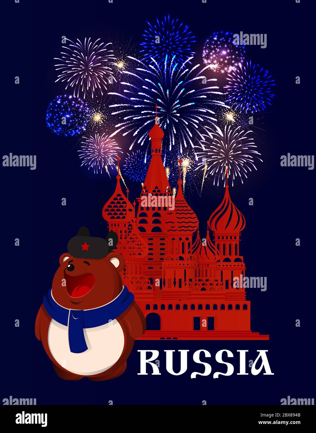 Russland. Braunbär in Hut und Schal am Roten Platz in Moskau. Feuerwerk hinter der Silhouette der Basilius-Kathedrale. Blauer Hintergrund Stockfoto