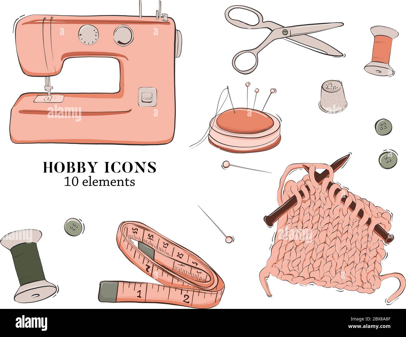 Handgemachtes Hobby Nähen Icon Set. Bastelwerkzeug für Handarbeiten, Stricken: Schere, Faden, Nadeln, Nähmaschine, Nadelkissen. Handgezeichnete Ausrüstung Stock Vektor