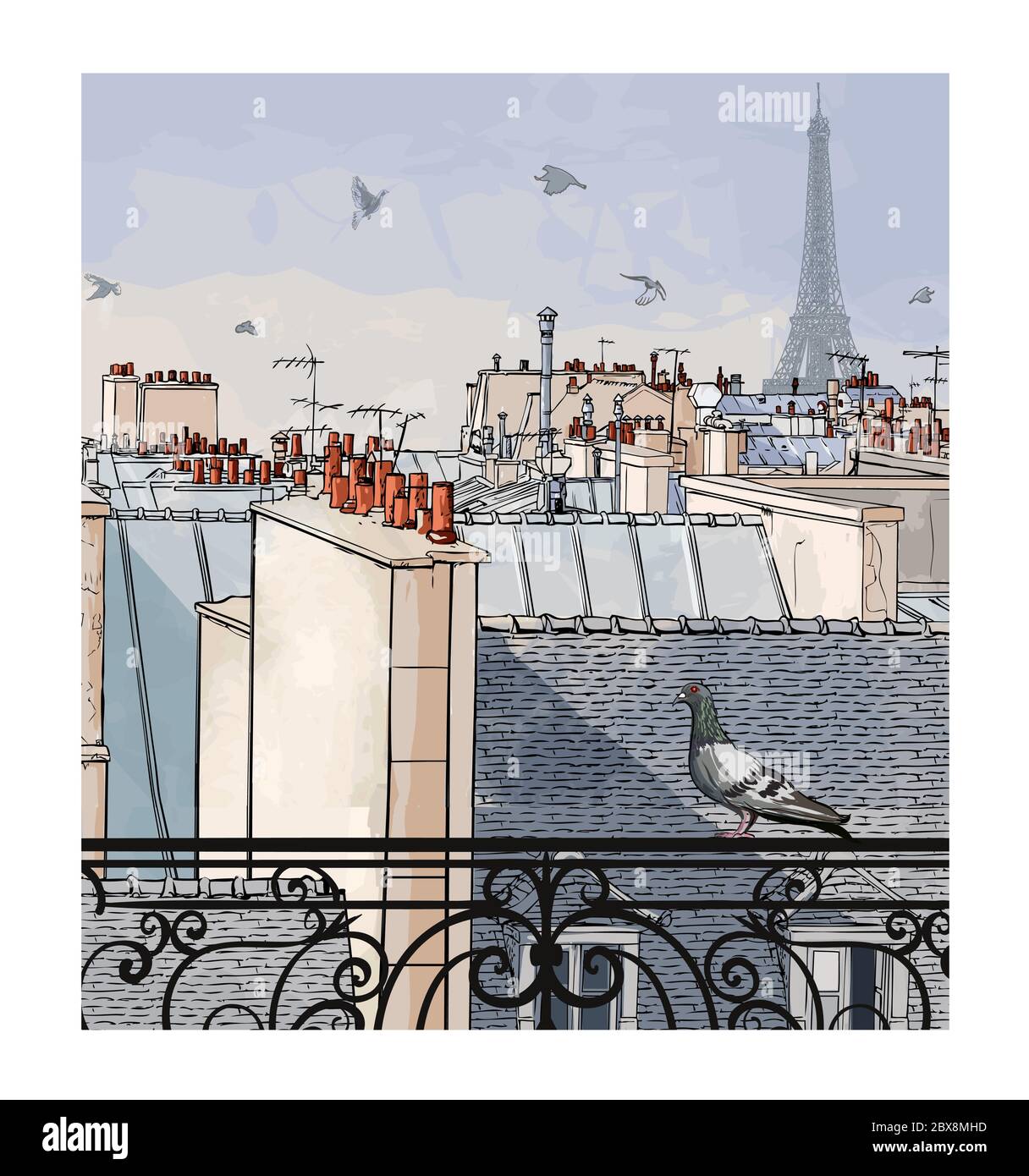 Luftbild-Panorama-Stadtansicht von Paris, Frankreich mit Eiffelturm - Vektorgrafik (ideal für den Druck auf Stoff oder Papier, Poster oder Wallpap Stock Vektor