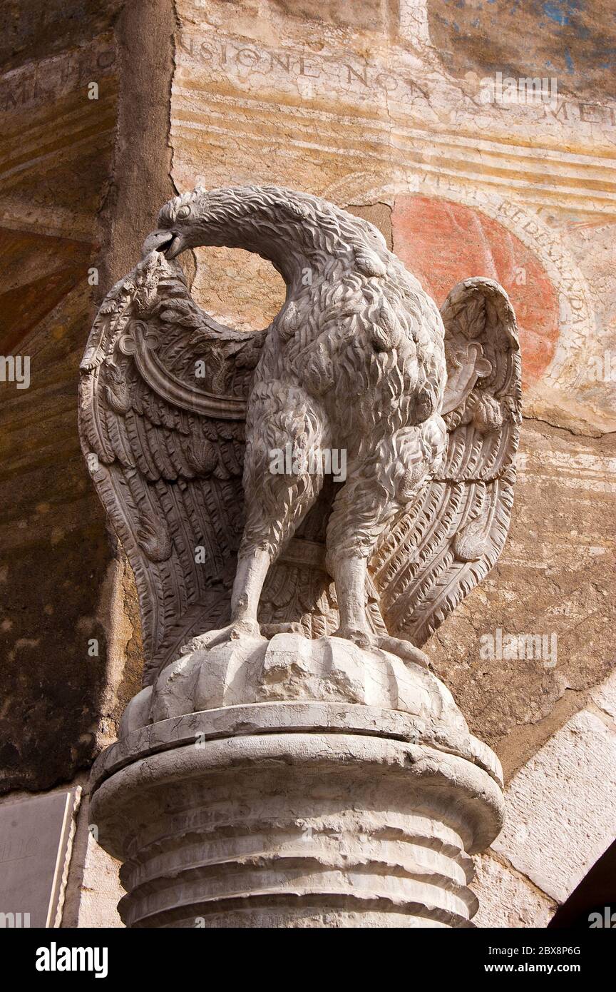 Stadt Trient, Nahaufnahme des Adlerbrunnens auf der Piazza del Duomo (Domplatz), Marmorskulptur (1850). Trentino-Südtirol, Italien, Europa Stockfoto