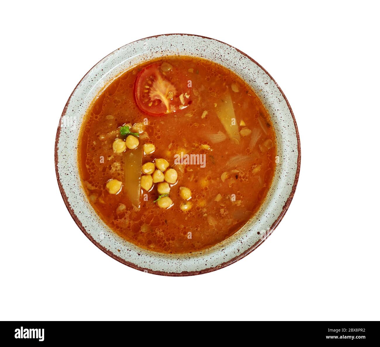 Tabikha Khudrat, Frühstückssuppe mit Linsen und anderem Gemüse, algerische Küche, traditionelle mediterrane Gerichte, Draufsicht. Stockfoto