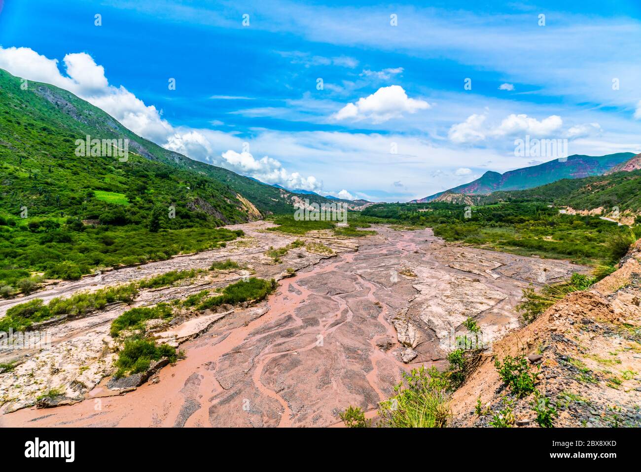 Trockener Schlamm Fluss zwischen den farbenvollen Bergen im Parque Nacional Los Cardones (Nationalpark) in der Salta Provence, Argentinien Stockfoto