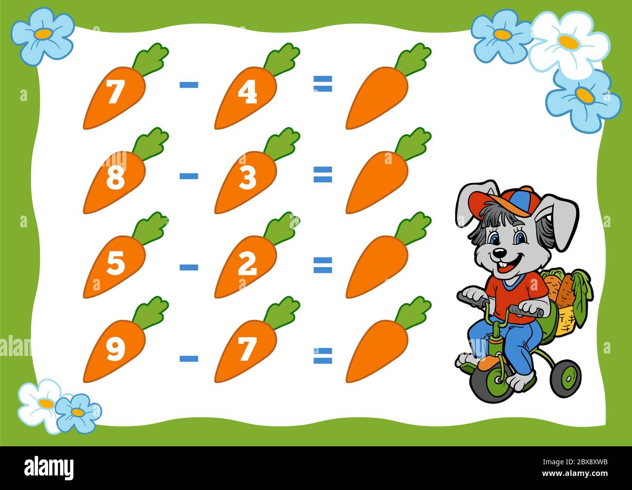 Zählspiel für Kinder im Kindergarten. Arbeitsblätter für Subtraktion. Kaninchen und Karotten. Pädagogische ein mathematisches Spiel. Zählen Sie die Zahlen im Bild Stock Vektor