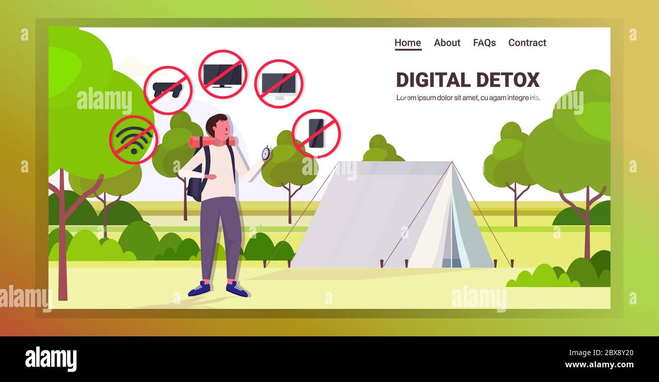 Reisende mit Rucksack hält Kompass Gadgets in roten Verbotszeichen digitale Entgiftung Konzept Kerl Wanderer Verlassen Geräte Campingplatz Hintergrund horizontal volle Länge Kopie Raum Vektor Illustration Stock Vektor