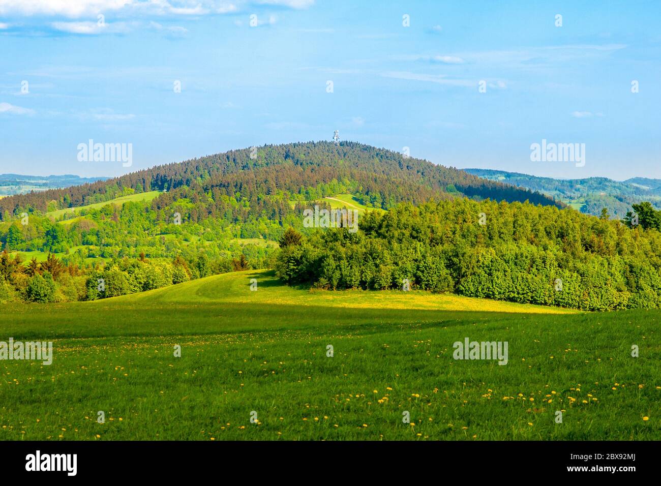 Grüner Hügel inmitten sonniger Frühlingslandschaft. Javornik Berg in der Nähe von Liberec, Tschechische Republik. Stockfoto