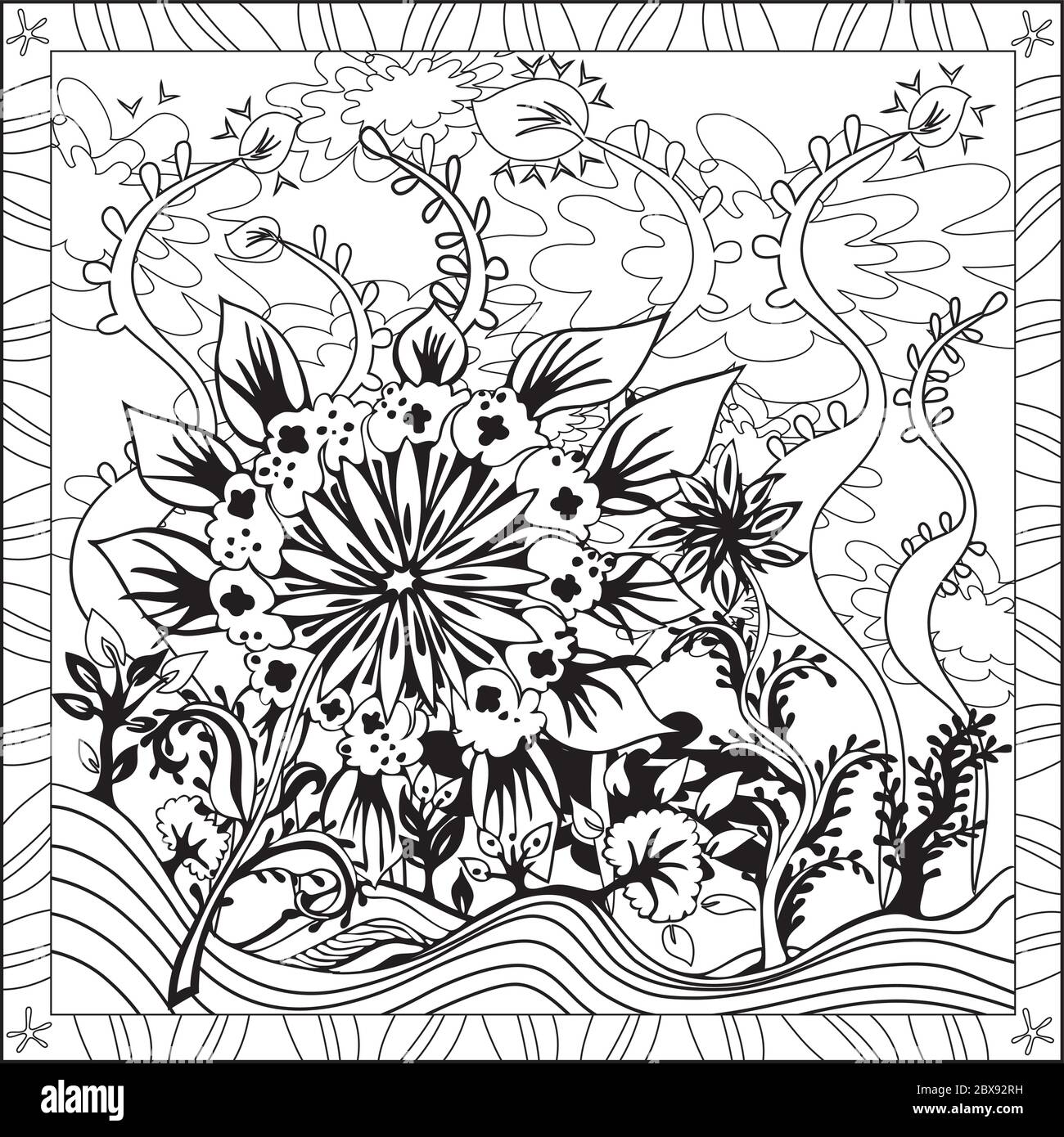 Malseite Illustration im quadratischen Format für Erwachsene, Floral Design Stock Vektor