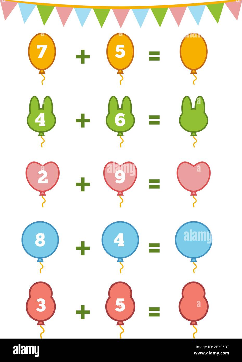 Zählspiel für Kinder im Kindergarten. Pädagogische ein mathematisches Spiel. Zählen Sie die Zahlen im Bild und schreiben Sie das Ergebnis. Arbeitsblätter hinzufügen Stock Vektor