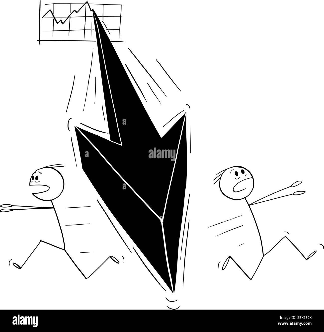 Vektor Cartoon Stick Figur Zeichnung konzeptionelle Illustration von zwei Männern oder Geschäftsleute, die in Panik aus dem fallenden Finanzgraph Pfeil. Krise oder Rezessionskonzept. Stock Vektor