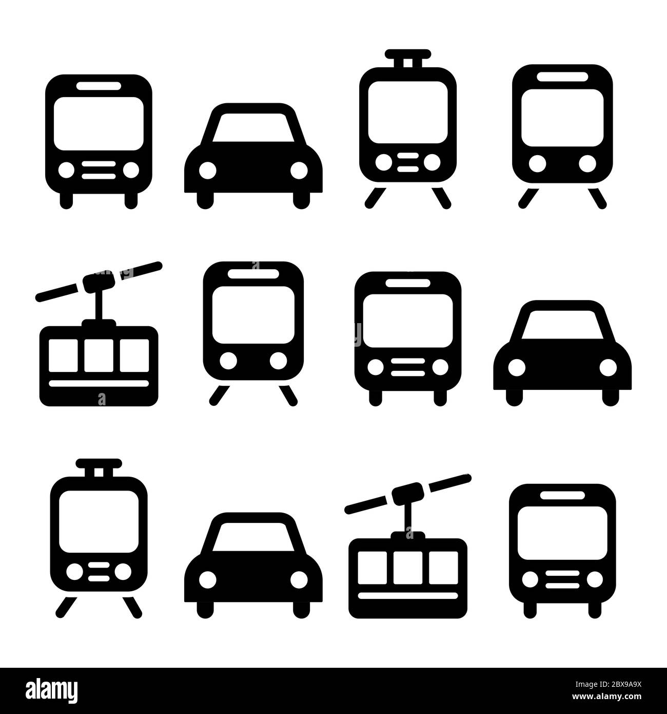 Transport, Reise Vektor-Symbol auf weiß isoliert gesetzt - Auto, Bus, Straßenbahn, Zug, Gondel Stock Vektor