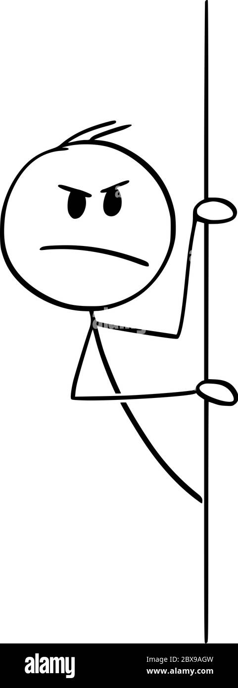 Vektor Cartoon Stick Figur Zeichnung konzeptionelle Illustration von tückischen, heimtückischen, gefährlichen oder wütend Mann oder Geschäftsmann guckt aus hinter der Wand. Stock Vektor