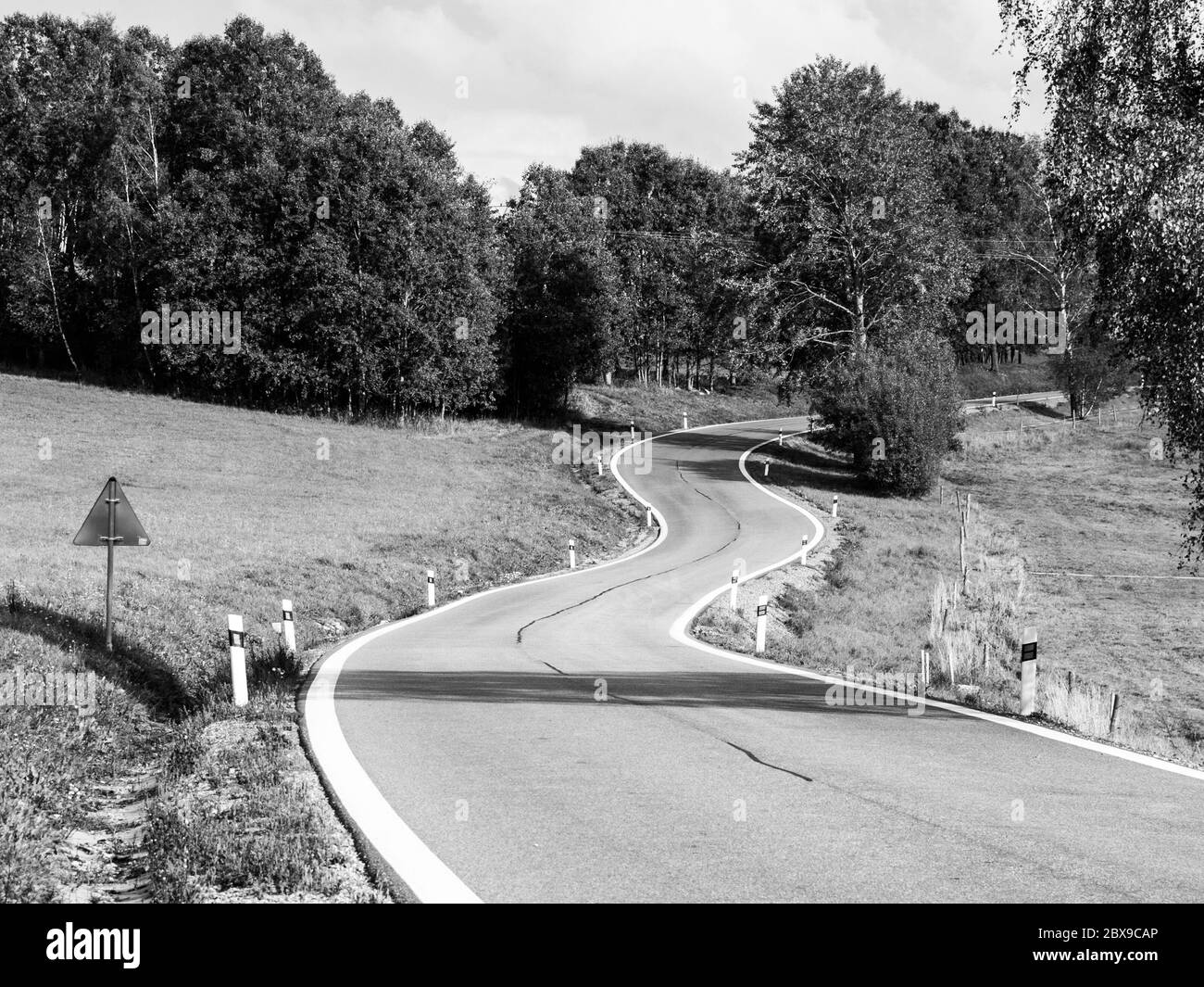 Kurvenreiche Asphaltstraße in ländlicher Landschaft des Böhmischen Gebirges, Tschechische Republik. Schwarzweiß-Bild. Stockfoto