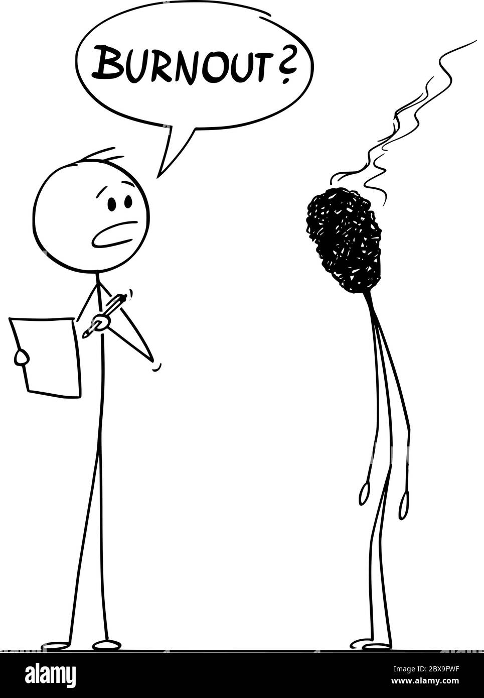 Vektor Cartoon Stick Figur Zeichnung konzeptionelle Illustration von Burnout, müde und gestresst Mann oder Geschäftsmann als ausgebrannten Spiel dargestellt, im Gespräch mit seinem Chef oder Manager. Stock Vektor