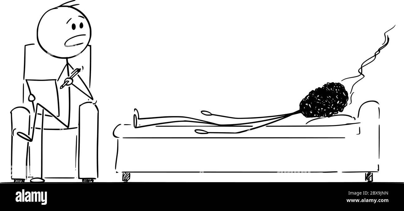 Vektor Cartoon Stick Figur Zeichnung konzeptionelle Illustration von Burnout, müde und gestresst Mann oder Geschäftsmann als ausgebrannten Spiel dargestellt, im Gespräch als Patient mit Psychiater. Stock Vektor