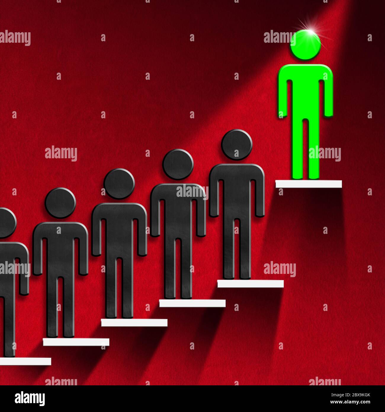 3D-Darstellung von schwarzen menschlichen Figuren, die höchste grüne, auf einer Treppe mit weißen Stufen und rote Wand. Führungs- und Erfolgskonzept Stockfoto