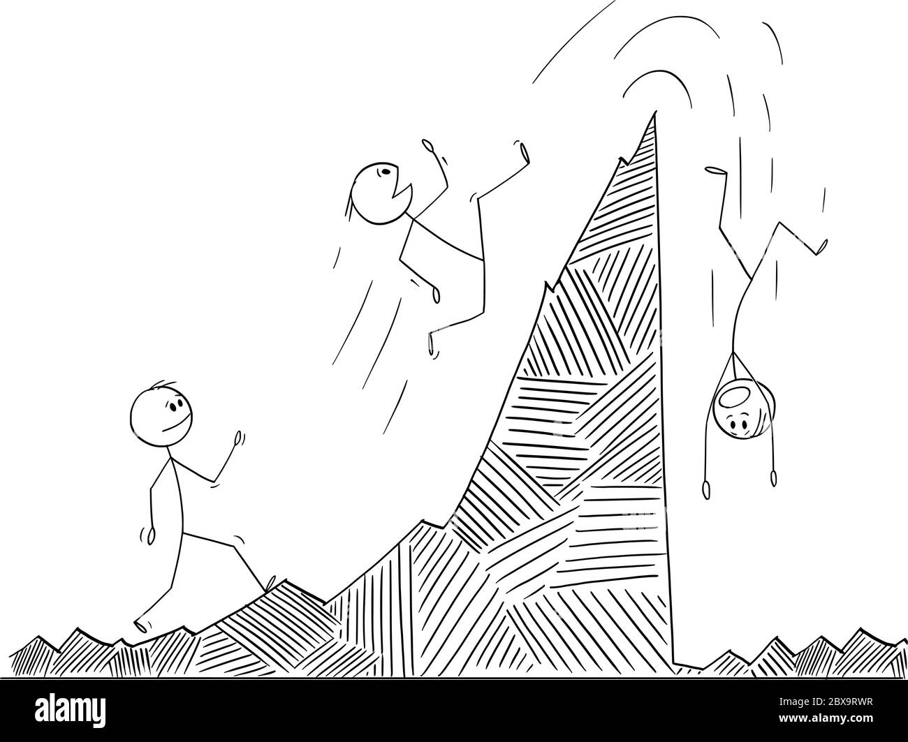 Vektor Cartoon Stick Figur Zeichnung konzeptionelle Illustration von Mann, Geschäftsmann oder Aktieninvestor zu Fuß und fallen auf der Finanzgrafik. Konzept des Marktzyklus. Stock Vektor