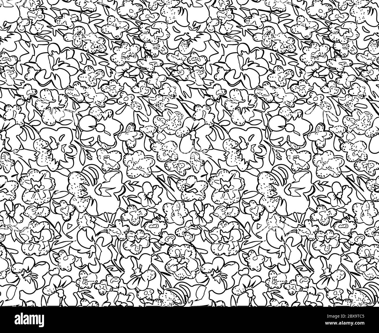 Nahtloses Muster mit Frühlingsblumen und Blättern. Handgezeichneter Hintergrund. Blumenmuster für Tapete oder Stoff. Blumenrosen. Botanische Kachel. Stockfoto