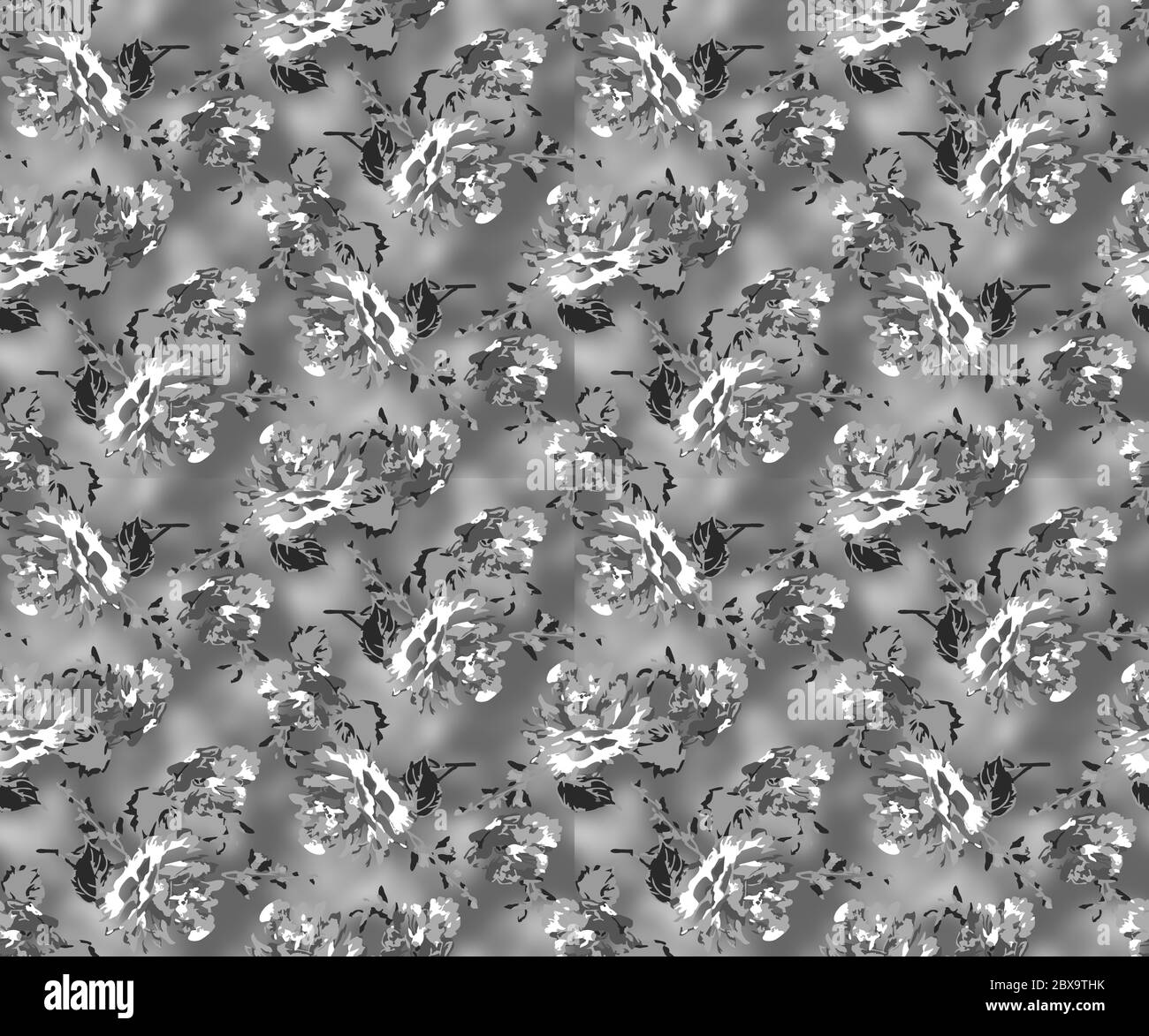 Nahtloses Muster mit Frühlingsblumen und Blättern. Handgezeichneter Hintergrund. Blumenmuster für Tapete oder Stoff. Blumenrosen. Botanische Kachel. Stockfoto