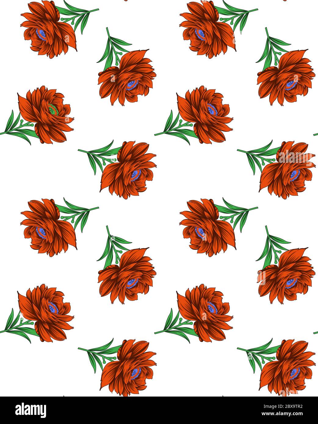 Nahtloses Muster mit Frühlingsblumen und Blättern. Handgezeichneter Hintergrund. Blumenmuster für Tapete oder Stoff. Blumenrosen. Botanische Kachel. Stockfoto