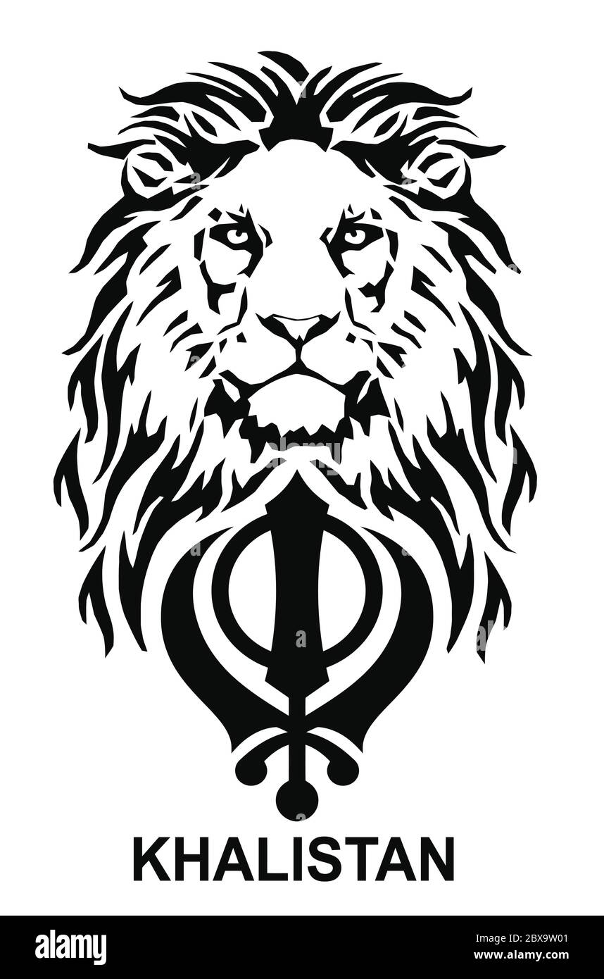 Der Löwe und das bedeutendste Symbol des Sikhismus - Zeichen von Khanda und Khalistan, Zeichnung für Tätowierung, auf weißem Hintergrund, Vektor Stock Vektor