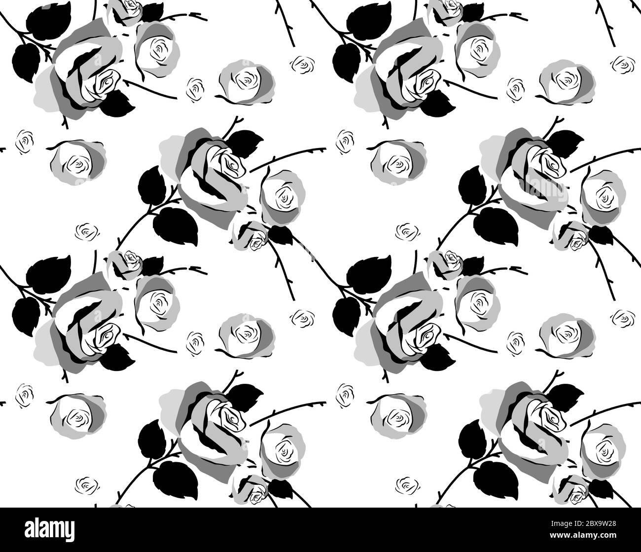 Nahtloses Muster mit Frühlingsblumen und Blättern. Handgezeichneter Hintergrund. Blumenmuster für Tapete oder Stoff. Blumenrosen. Botanische Kachel. Stockfoto