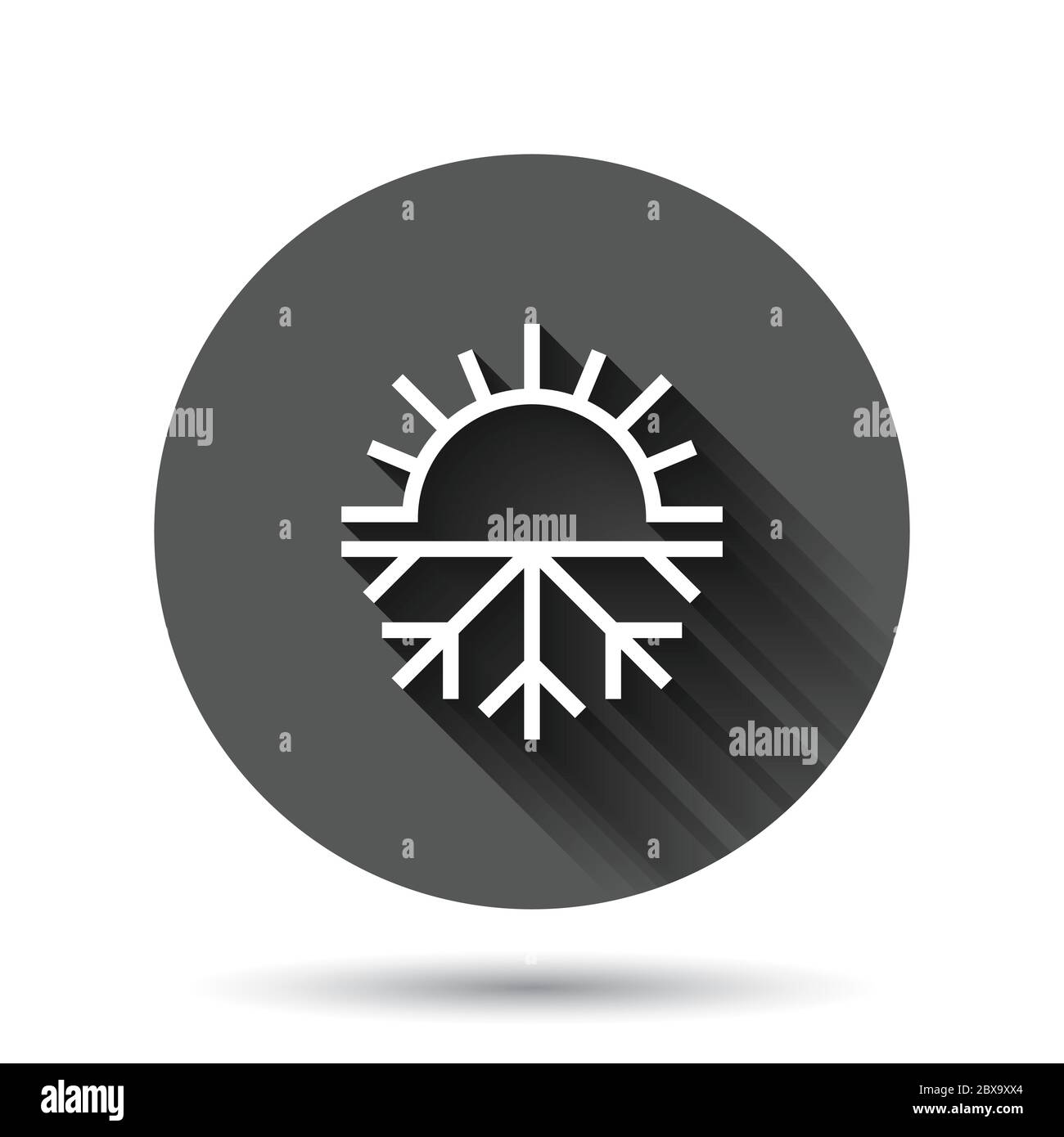 Schneeflocke und Sonne Ikone in flachem Stil. Klimaregelung Vektor-Illustration auf schwarzem runden Hintergrund mit langen Schatten-Effekt. Heiße, kalte Temperatur Cir Stock Vektor