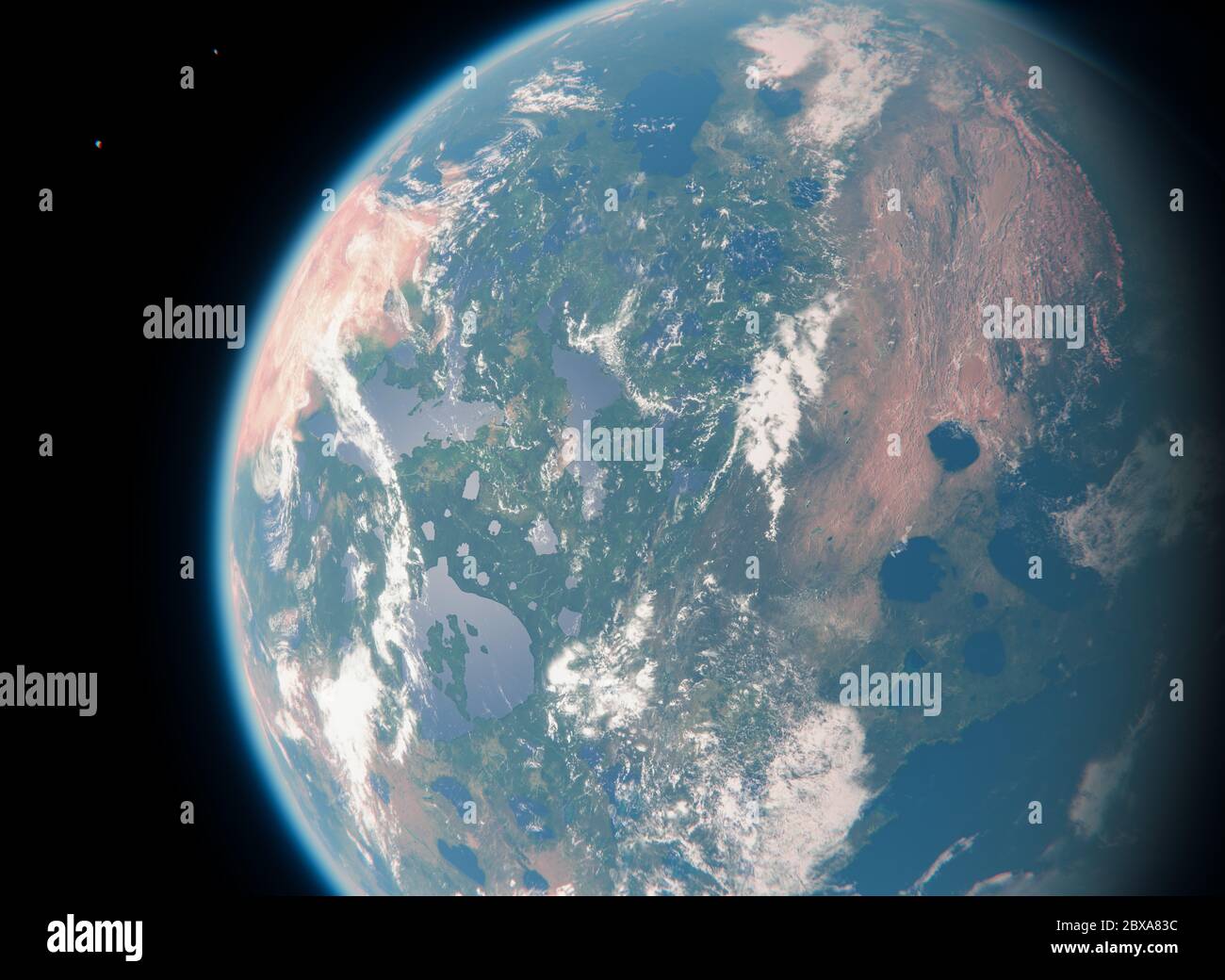 Bewohnbare blaue Erde wie Planet mit zwei Monden und Sonne im Weltraum - bewohnbarer Exoplanet mit zwei Monden - Alien Life in Universe Stockfoto