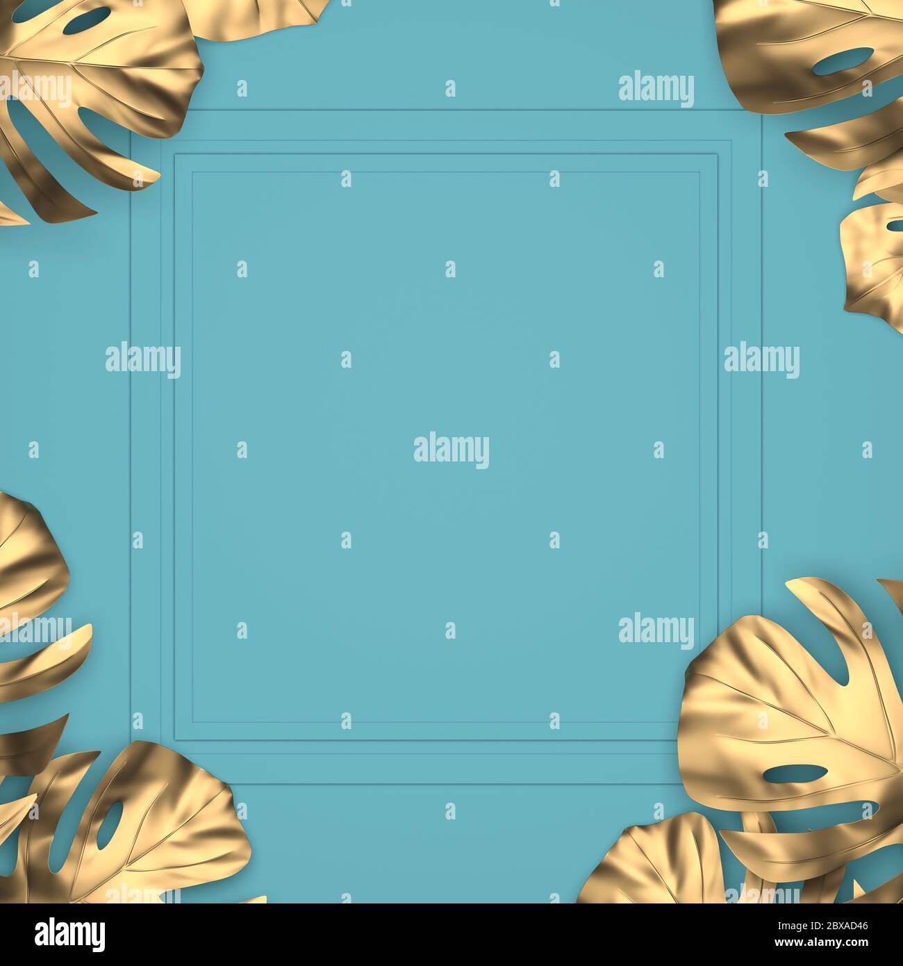 Modell aus blauem Wandrahmen mit goldenen tropischen Blättern in den Rändern, 3d-Illustration Stockfoto