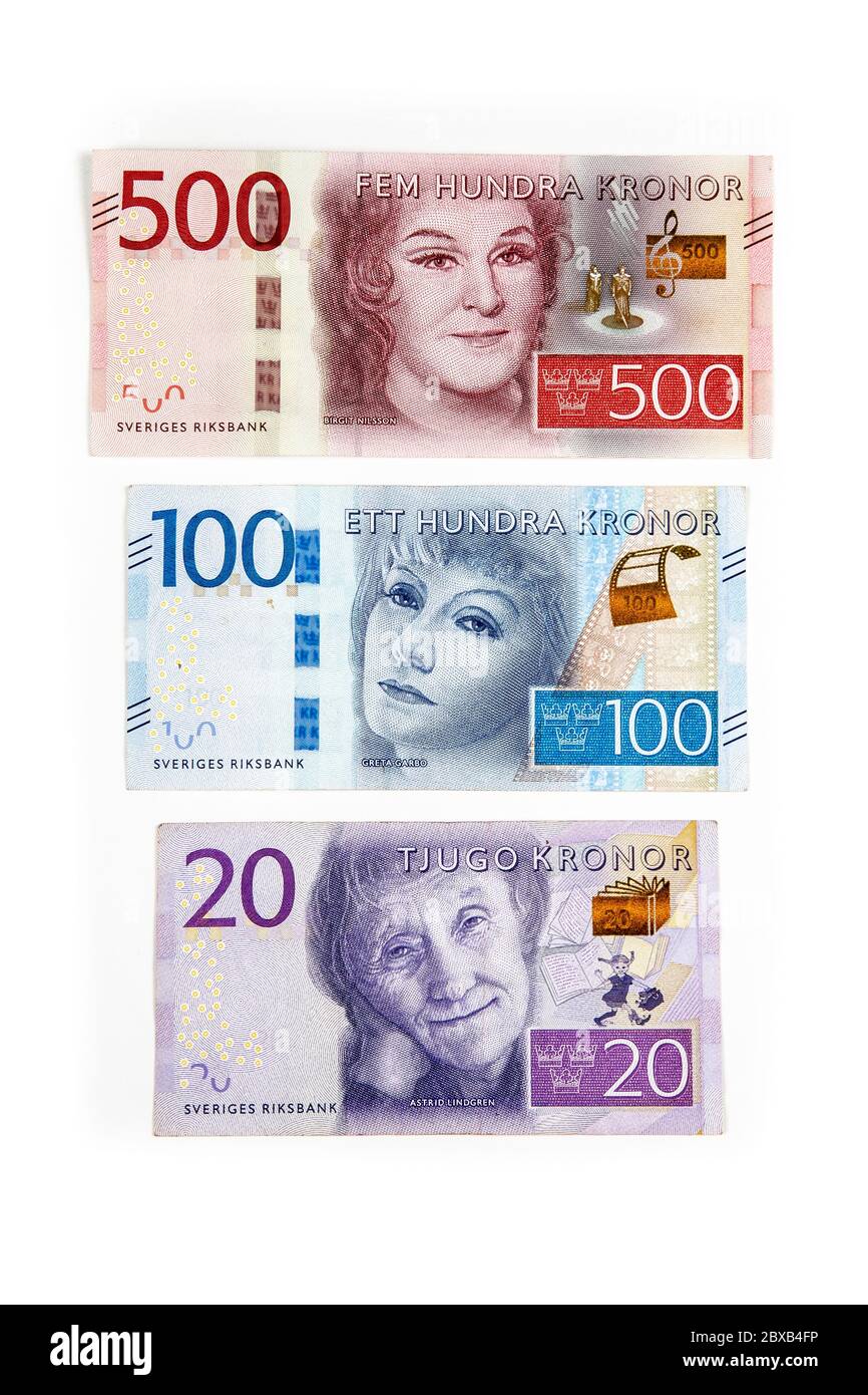 Schwedische Kronen-Geldscheine, 20, 100, 500 mit Astrid Lindgren, Greta Garbo und Birgit Nilsson Stockfoto