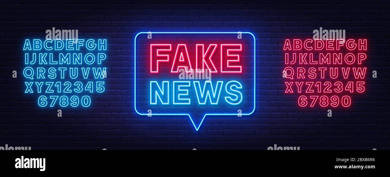 Neon gefälschte Nachrichten Zeichen in Rede Blase. Neon Alphabet auf Backstein Wand Hintergrund. Vorlage für ein Design. Stock Vektor