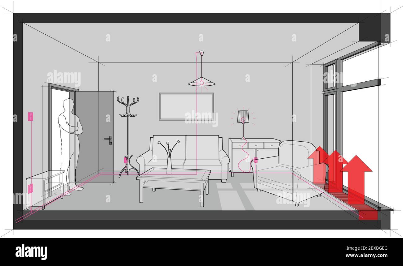 Leeres Zimmer mit französischem Fenster und Fußbodenheizung und mit elektrischen Anlagen und Möbeln Stock Vektor