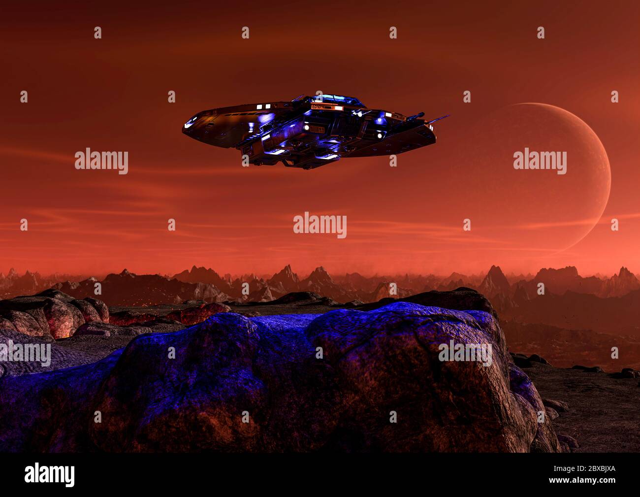 Raumschiff schwimmt auf dem mars. Dieses Alien-Flugzeug ist sehr nützlich für alle Ihre Raum Grafik-Design-Kreationen, 3d-Illustration Stockfoto