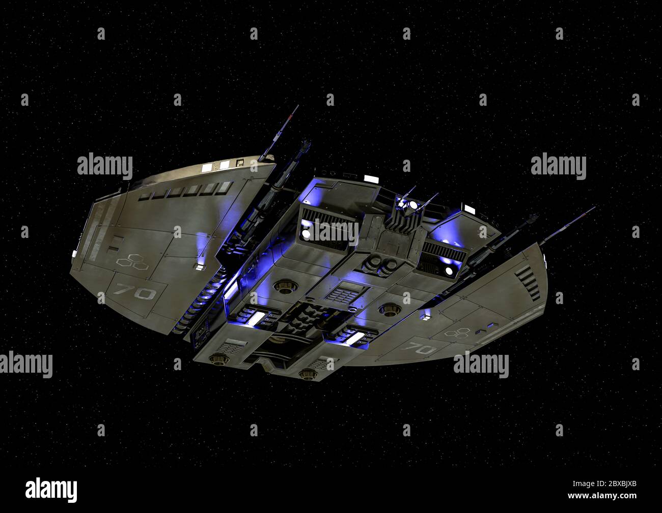 Raumschiff schwimmt auf dem Raum zwei. Dieses Alien-Flugzeug ist sehr nützlich für alle Ihre Raum Grafik-Design-Kreationen, 3d-Illustration Stockfoto