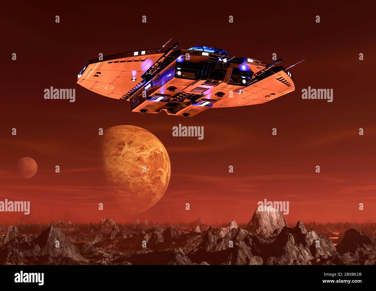 Raumschiff fliegt auf dem mars. Dieses Alien-Flugzeug ist sehr nützlich für alle Ihre Raum Grafik-Design-Kreationen, 3d-Illustration Stockfoto