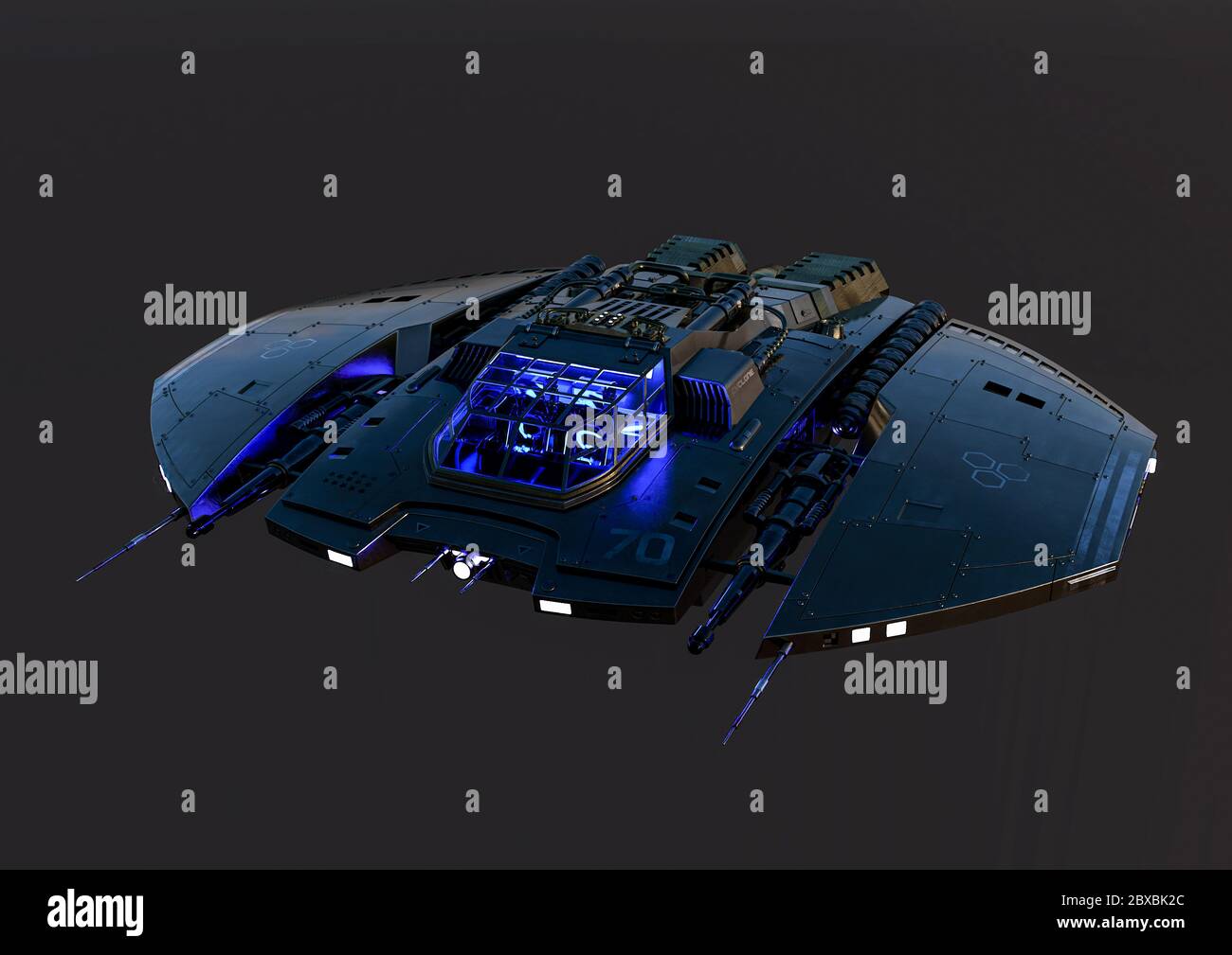 Raumschiff fliegt bei Sonnenuntergang. Dieses Alien-Flugzeug ist sehr nützlich für alle Ihre Raum Grafik-Design-Kreationen, 3d-Illustration Stockfoto