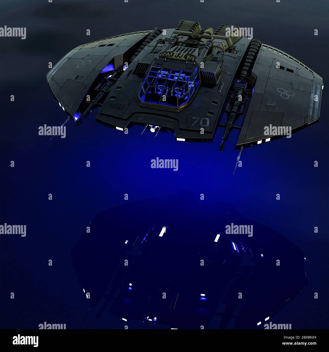 Raumschiff Landung auf Wasser. Dieses Alien-Flugzeug ist sehr nützlich für alle Ihre Raum Grafik-Design-Kreationen, 3d-Illustration Stockfoto