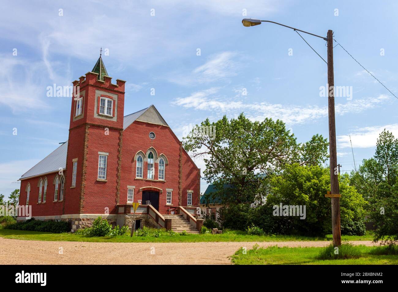Außenansicht der Aneroid United Church in der kanadischen Prairies-Stadt Aneroid, Saskatchewan, Kanada. Stockfoto