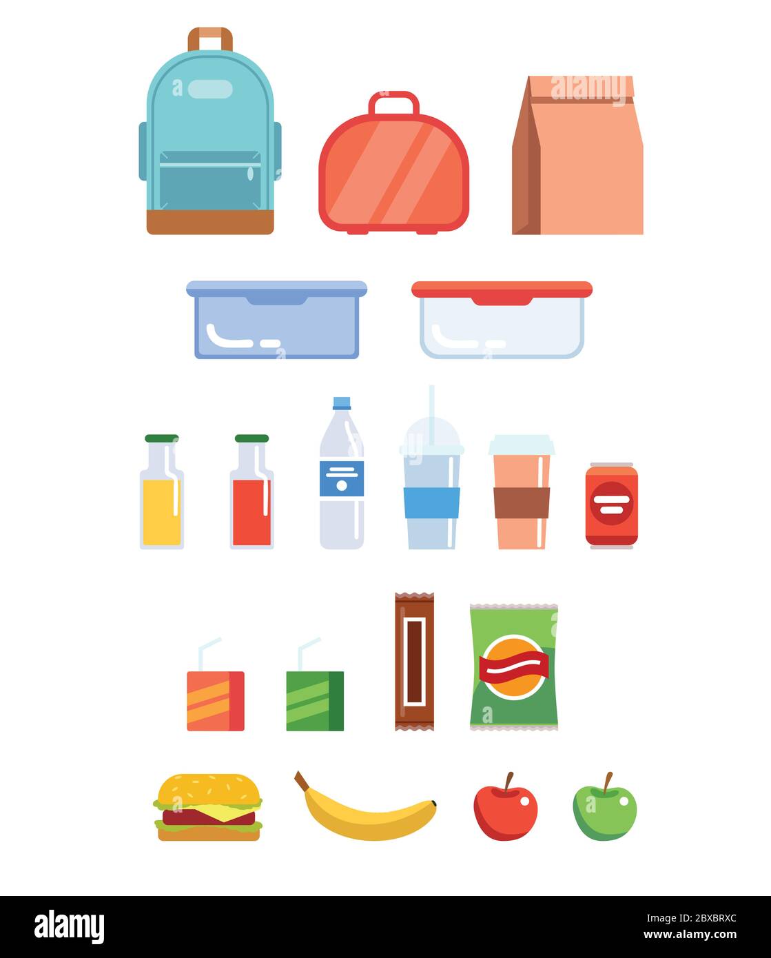 Lunchbox Illustration Set - verschiedene Kunststoffbehälter, Papiertüte, Flaschen, Saft, Wasser, Früchte, Sandwich, Rucksack. Stock Vektor