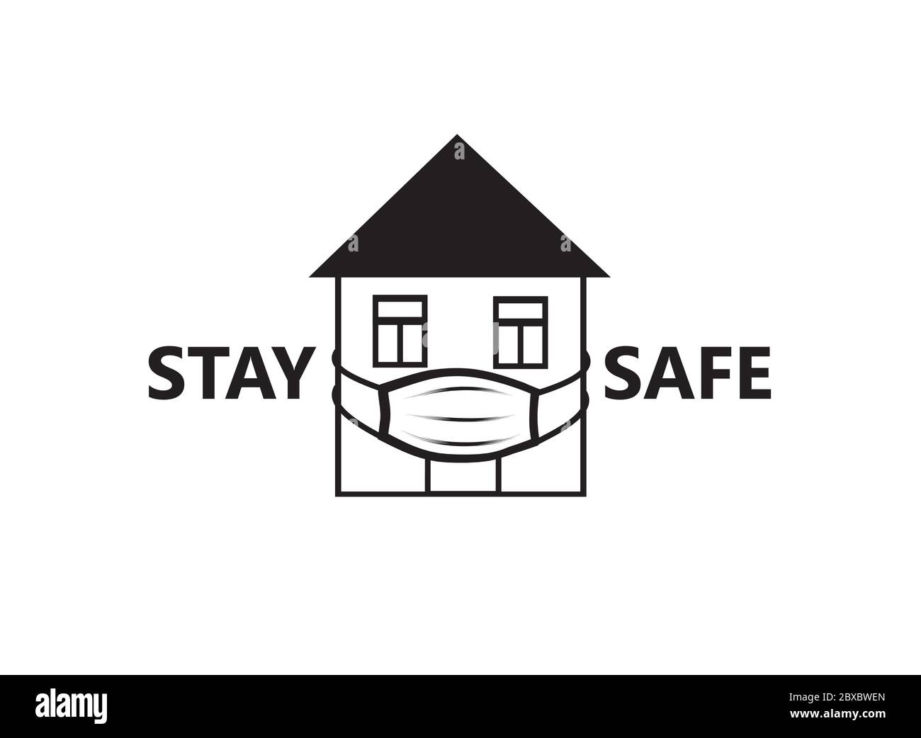Quarantänezeichen. Crestative Symbol mit Haus, trägt medizinische Maske und Schriftzug "Stay Home", "Stay Safe" auf weißem Hintergrund. Stock Vektor