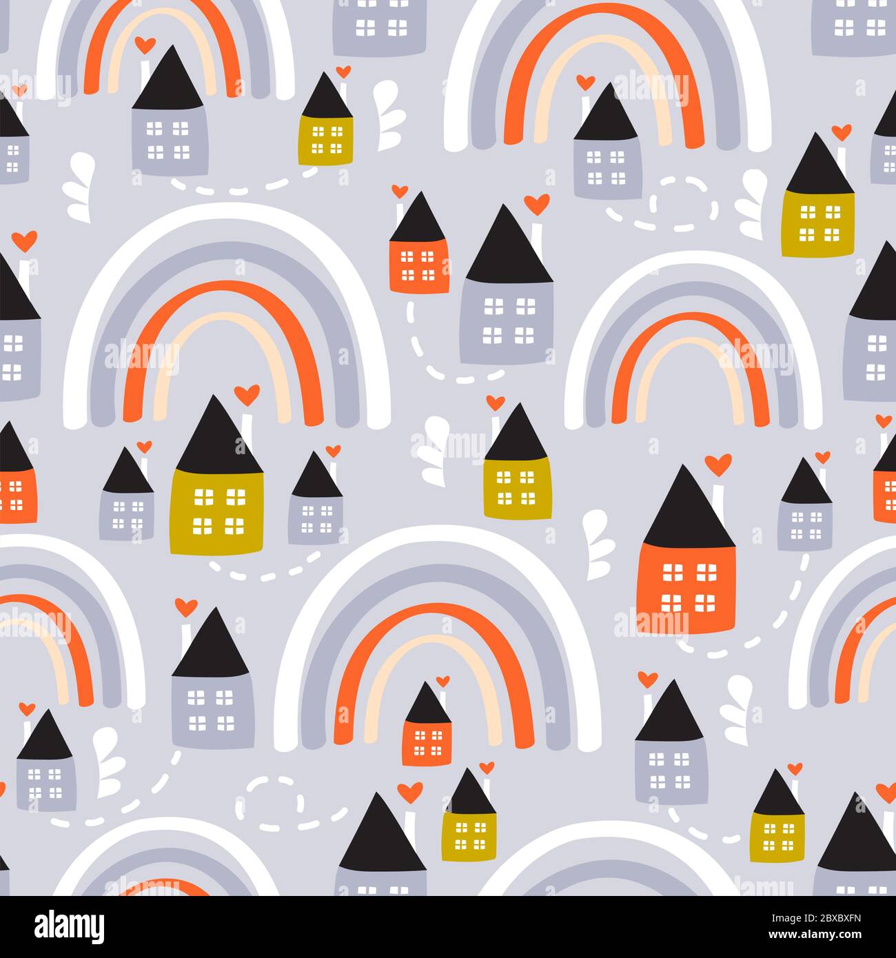 Nahtloses Muster mit handgezeichneten Regenbogen und Häusern. Kreative Textur für Stoff, Verpackung, Textil, Tapete, Bekleidung. Vektorgrafik Stock Vektor